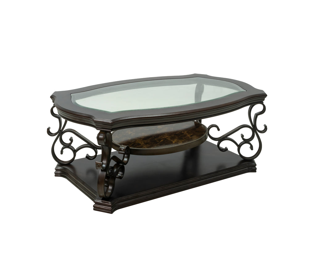Cocktail Table, Glass table top, MDF W/marble paper middle shelf, powder coat finish metal legs. (52'Lx32'Wx20.3'H) - Grand Goldman Shop