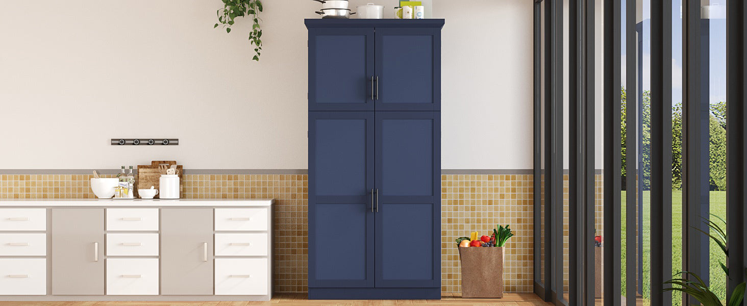 [Assembly Video Provided] TOPMAX 35.5x17.6x70.9inch Freestanding Kitchen Pantry Cabinet, Tall Storage Cabinet with 4 Doors, 2 Door Shelves, 8 Pull-out Trays and Adjustable Shelf for Dining Room, Blue - Grand Goldman Shop