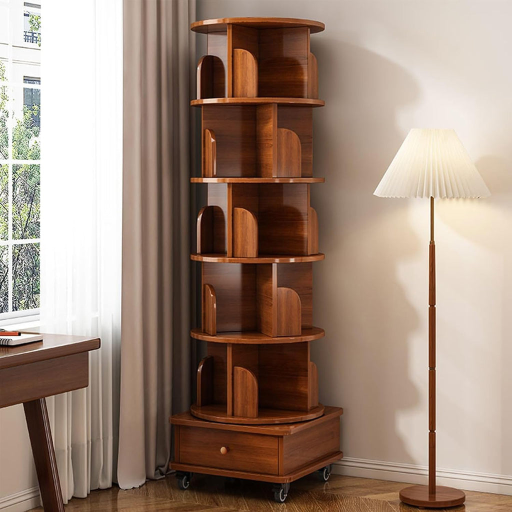 (UPGRADED) Rotating Bookshelf, 360 Display Corner Bookshelf for Small Space, 6 Tier Bookcase Storage Rack with Wheels, Wood Narrow Organizer for Bedroom, Living Room, Study Room, Walnut Brown - Grand Goldman Shop