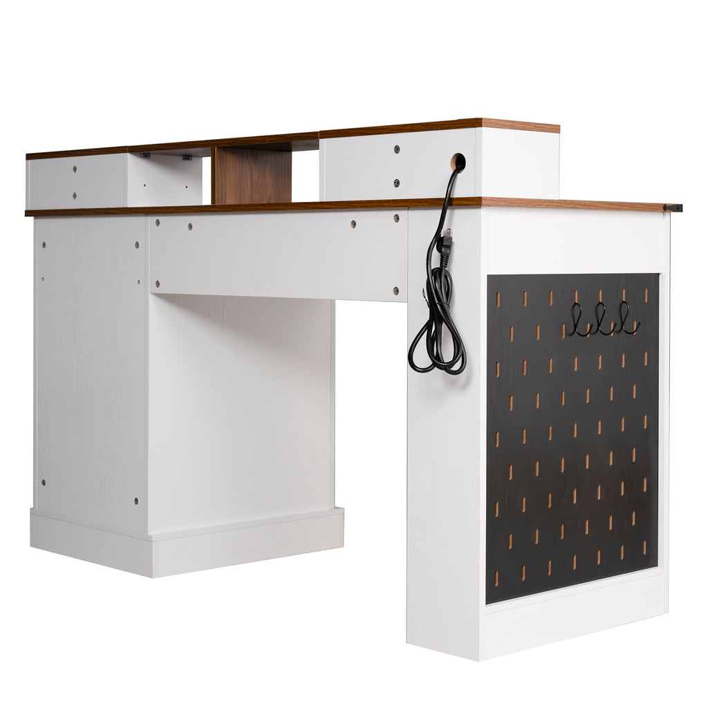 White Farmhouse Office Desk with Storage Cabinet, Charging Station, Monitor Stand & Pegboard, 55' Computer Writing Desk with 