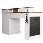 White Farmhouse Office Desk with Storage Cabinet, Charging Station, Monitor Stand & Pegboard, 55' Computer Writing Desk with 