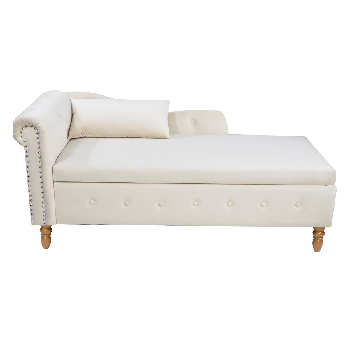 Beige Chaise Lounge Indoor, Velvet Lounge Chair for Bedroom with Storage & Pillow, Modern Upholstered Rolled Arm Chase Lounge for Sleeping with Nailhead Trim for Living Room Bedroom Office - Grand Goldman Shop