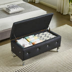Upholstered Storage Ottoman Bench For Bedroom End Of Bed Faux Leather Rectangular Storage Benches Footrest With Crystal Buttons For Living Room Entryway (Black) - Grand Goldman Shop