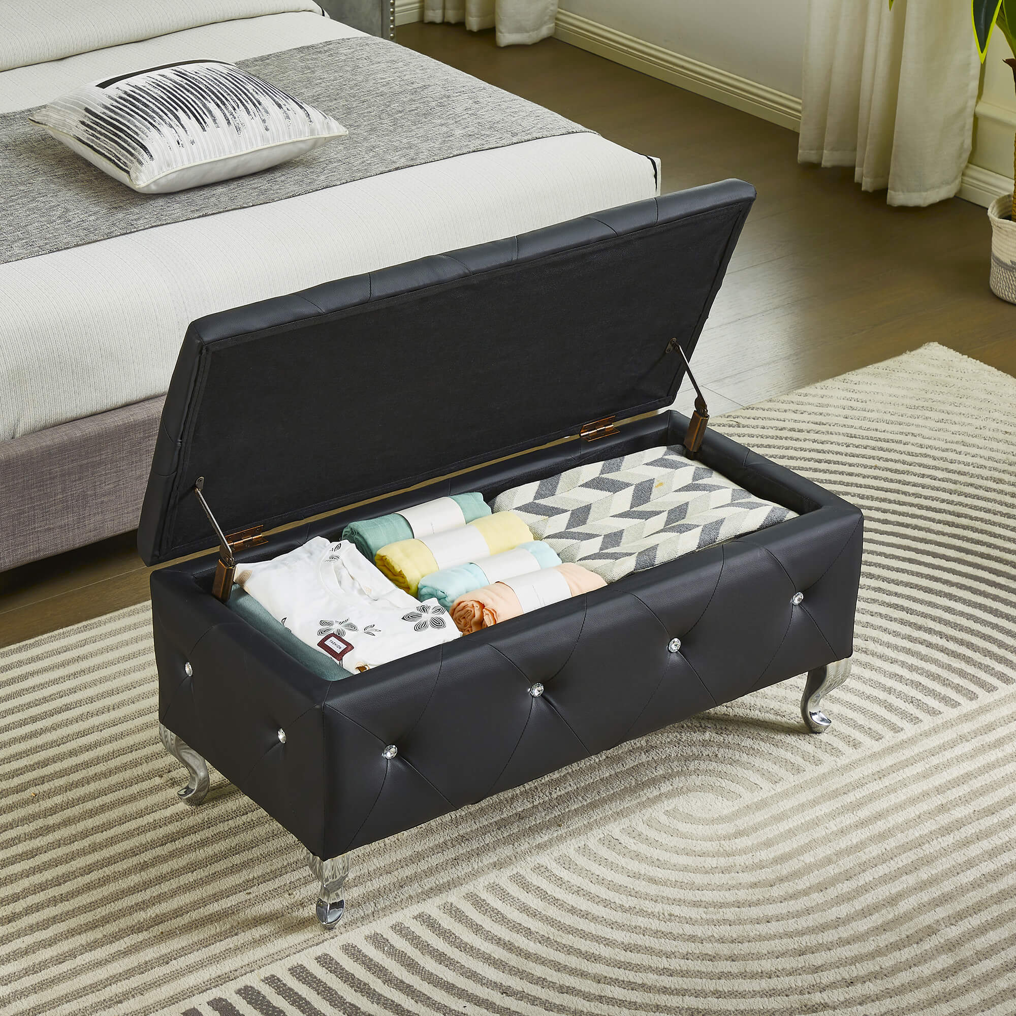 Upholstered Storage Ottoman Bench For Bedroom End Of Bed Faux Leather Rectangular Storage Benches Footrest With Crystal Buttons For Living Room Entryway (Black) - Grand Goldman Shop