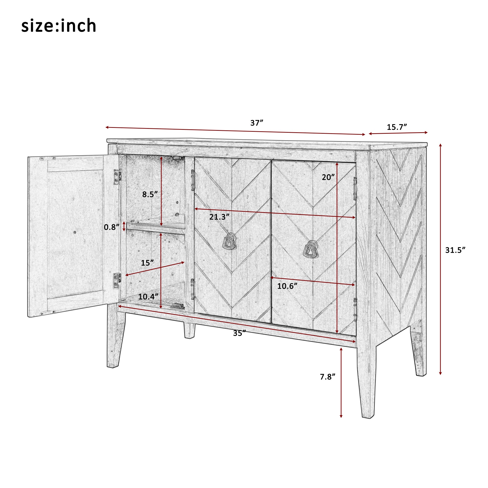 U_STYLE Adjustable Shelf Storage Sideboard with 3 Retro Metal Handles and 4 Pinewood Legs, for Entryway, Living Room, Study Room, Dining Room - Grand Goldman Shop