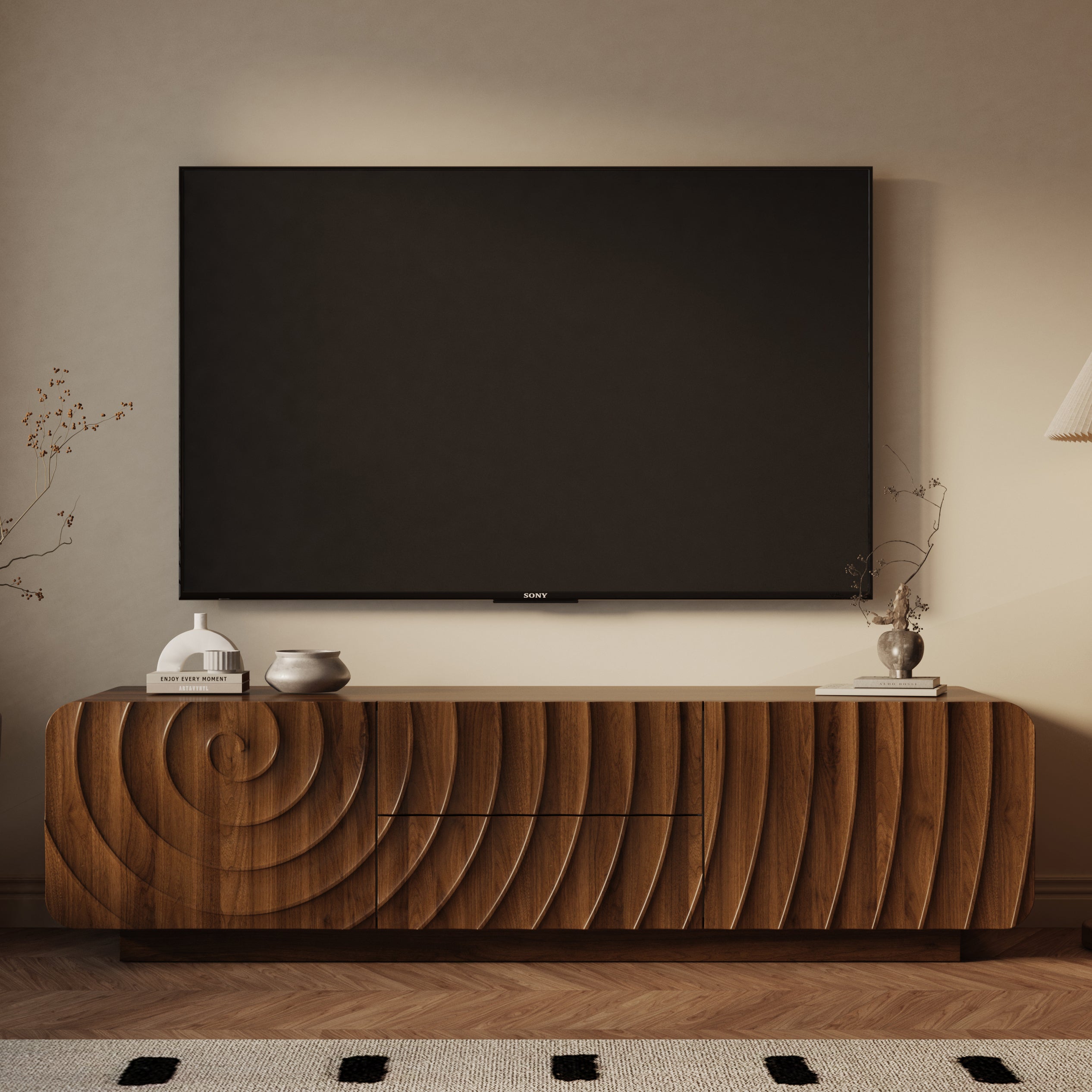 58''Tv Console With Mid Century Unique Spiral Wave Design With Storage Cabinet And 2 Drawers Tv Stand For Living Room, Bedroom, Walnut - Grand Goldman Shop