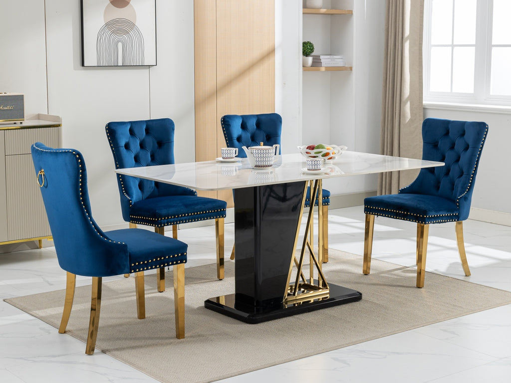 A&A Furniture,Nikki Collection Modern, High-end Tufted Solid Wood Contemporary Velvet Upholstered Dining Chair with Golden Stainless Steel Plating Legs,Nailhead Trim,Set of 2,Blue and Gold, SW1601BL - Grand Goldman Shop