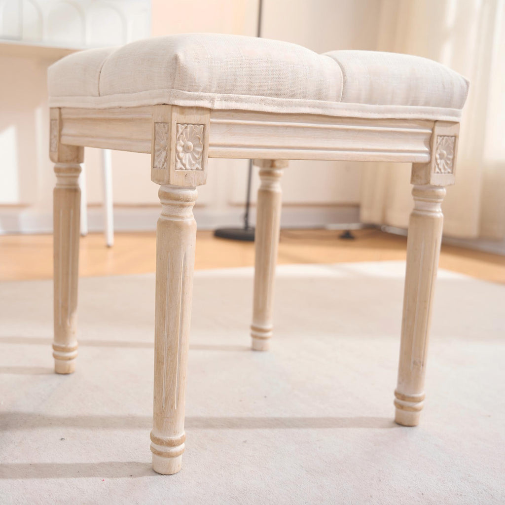 French Style Bench, Linen Fabric Entryway Bench, Upholstered Tufted End of Bed Bench with Brushed Wood Legs, Beige - Grand Goldman Shop