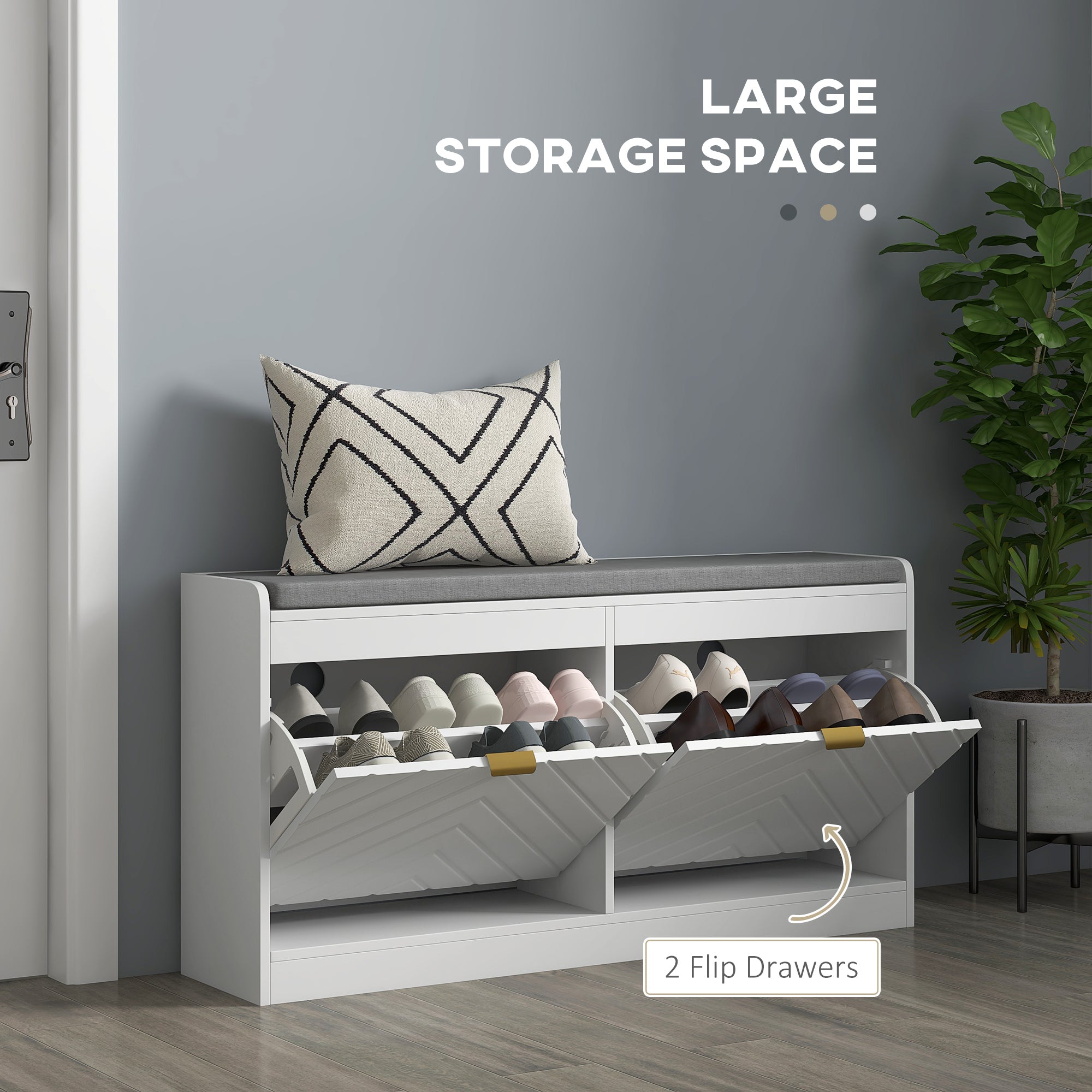 HOMCOM Shoe Bench, Entryway Bench with 2 Flip Drawers, Seating Cushion, and 2 Vents for 8 Pairs of Shoes for Hallway, White - Grand Goldman Shop