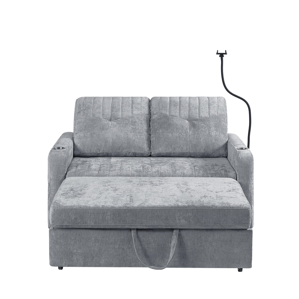 Modern Loveseat Pull-out Sofa Bed with Adjustable Backrest, Cup Holders, Phone Holder, Charging Ports, Side Storage Pockets, Grey Chenille - Grand Goldman Shop