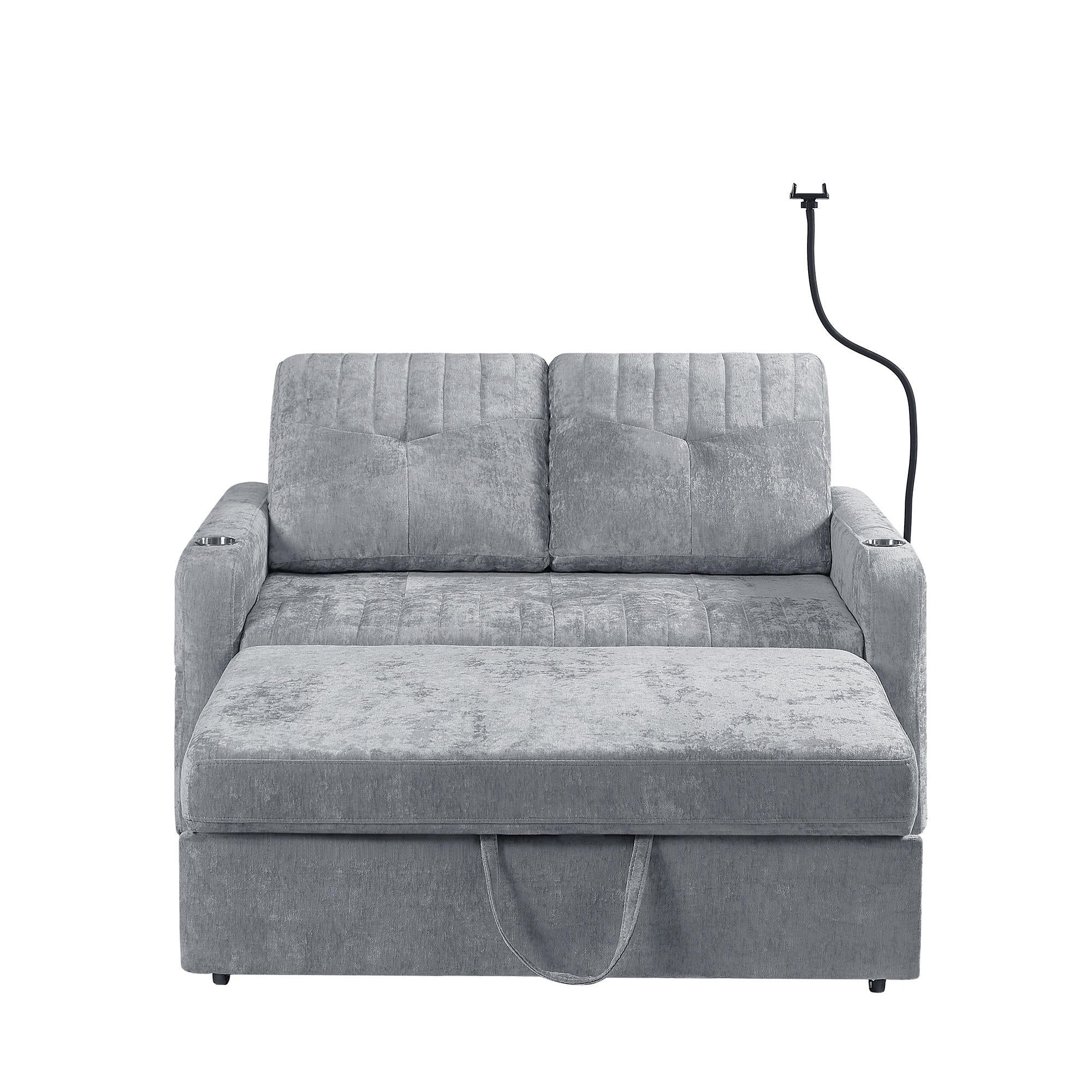Modern Loveseat Pull-out Sofa Bed with Adjustable Backrest, Cup Holders, Phone Holder, Charging Ports, Side Storage Pockets, Grey Chenille - Grand Goldman Shop