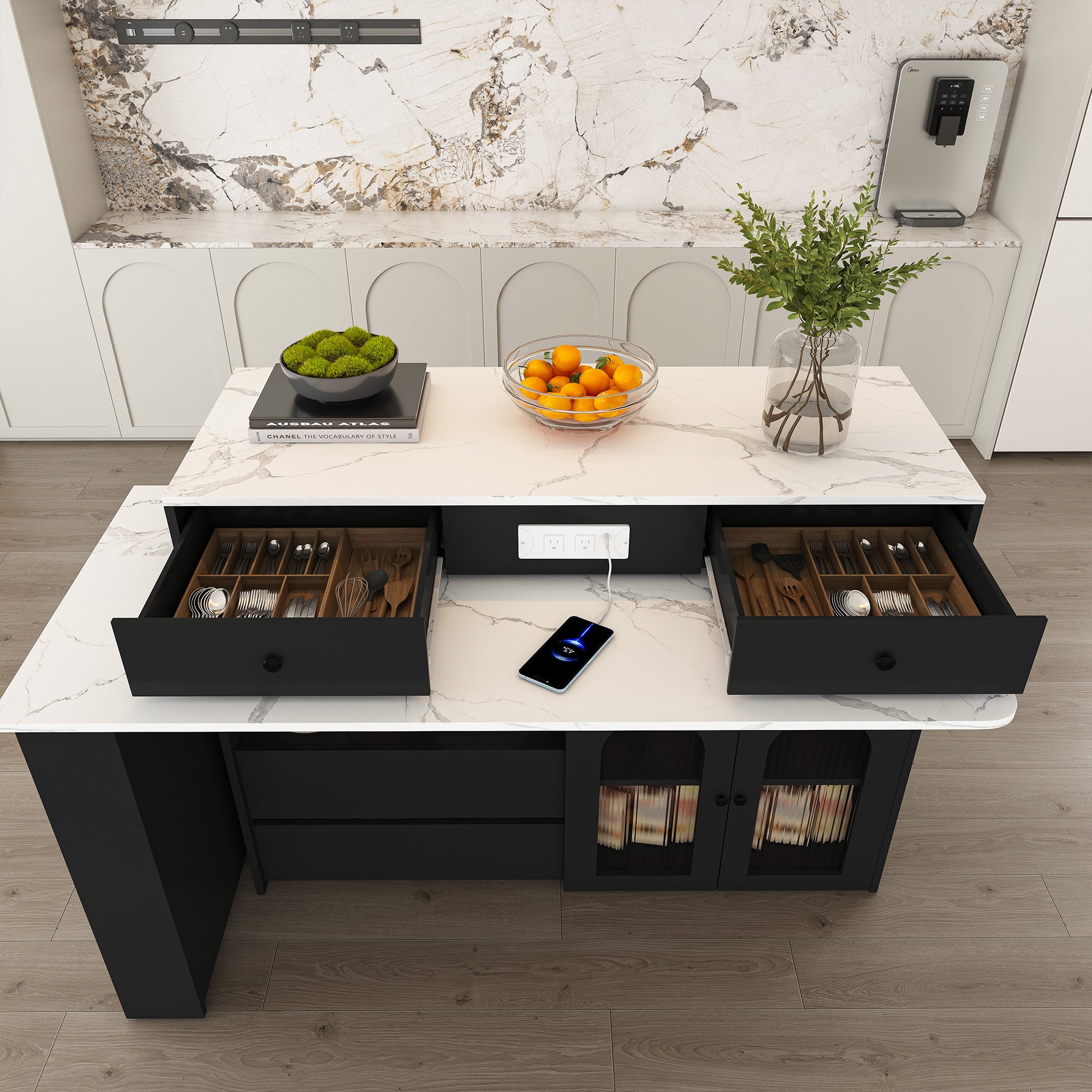 Retro Kitchen Island with Extendable Rotating Table, Black Marble Veneer on MDF, 4 Drawers & Glass Door Cabinets, Built-in Socket, Fits 2-4 People - Grand Goldman Shop