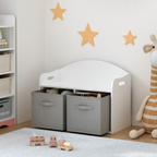 Kids Wooden Toy Box Bench with Collapsible Fabric Drawers, White MDF Storage Cabinet Organizer, 24.6 x 11.8 x 19.1 inches - G