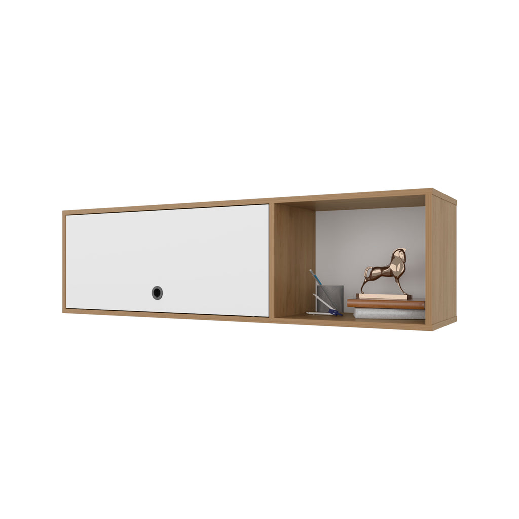 Roslyn Wall-Mounted Cabinet with Lift-Up Door, Open Compartments, Natural Oak and White | Premium Home Decor - Grand Goldman