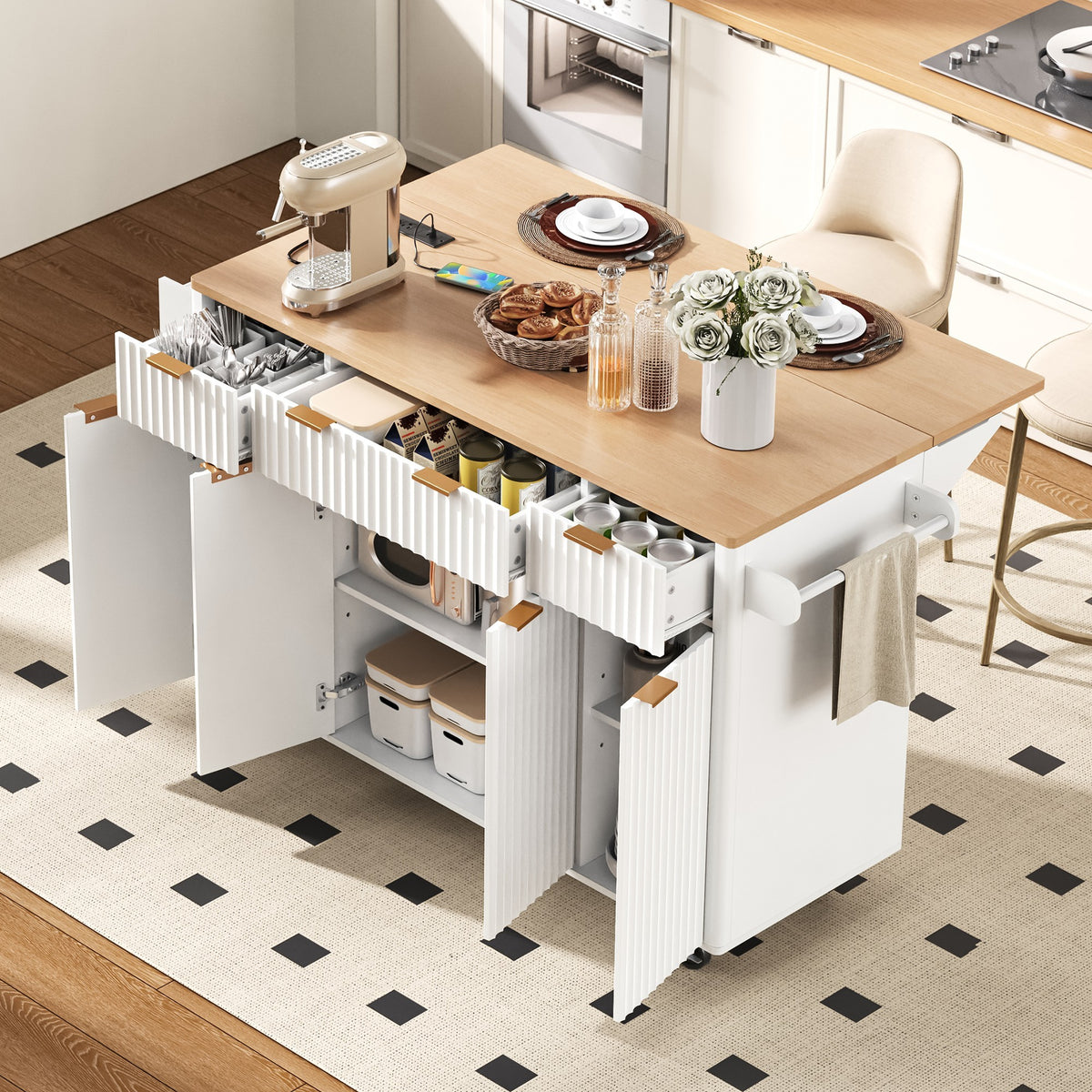 K&K Fluted Kitchen Island with Storage, 55.5' Kitchen Island with Drop Leaf, Power Outlet, 4 Doors and 3 Drawers, Rolling Island Table with Wood-grain Top, Curved Edge for Kitchen,Dining Room White - Grand Goldman Shop
