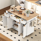 K&K Fluted Kitchen Island with Storage, 55.5' Kitchen Island with Drop Leaf, Power Outlet, 4 Doors and 3 Drawers, Rolling Island Table with Wood-grain Top, Curved Edge for Kitchen,Dining Room White - Grand Goldman Shop