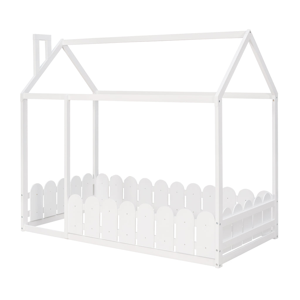 {Slats are not included}Twin Size Wood Bed House Bed Frame with Fence,for Kids,Teens, Girls,Boys {White}{OLD SKU:WF194274AAK} - Grand Goldman Shop