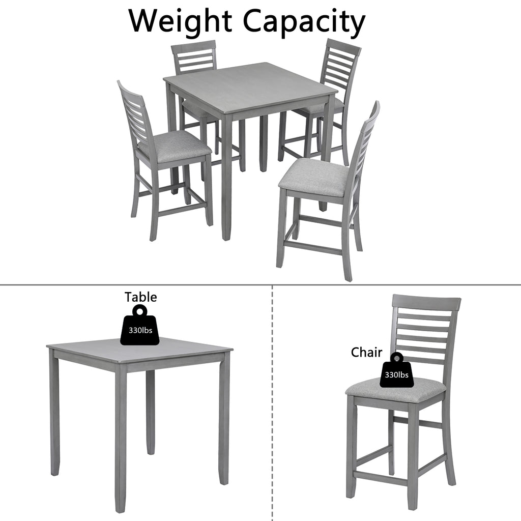 5 Piece Dining Table Set, Wooden Dining Square Table Set for 4, Counter Height Kitchen Table Set with Square Table and 4 Upholstered Chairs for Small Space, Gray - Grand Goldman Shop