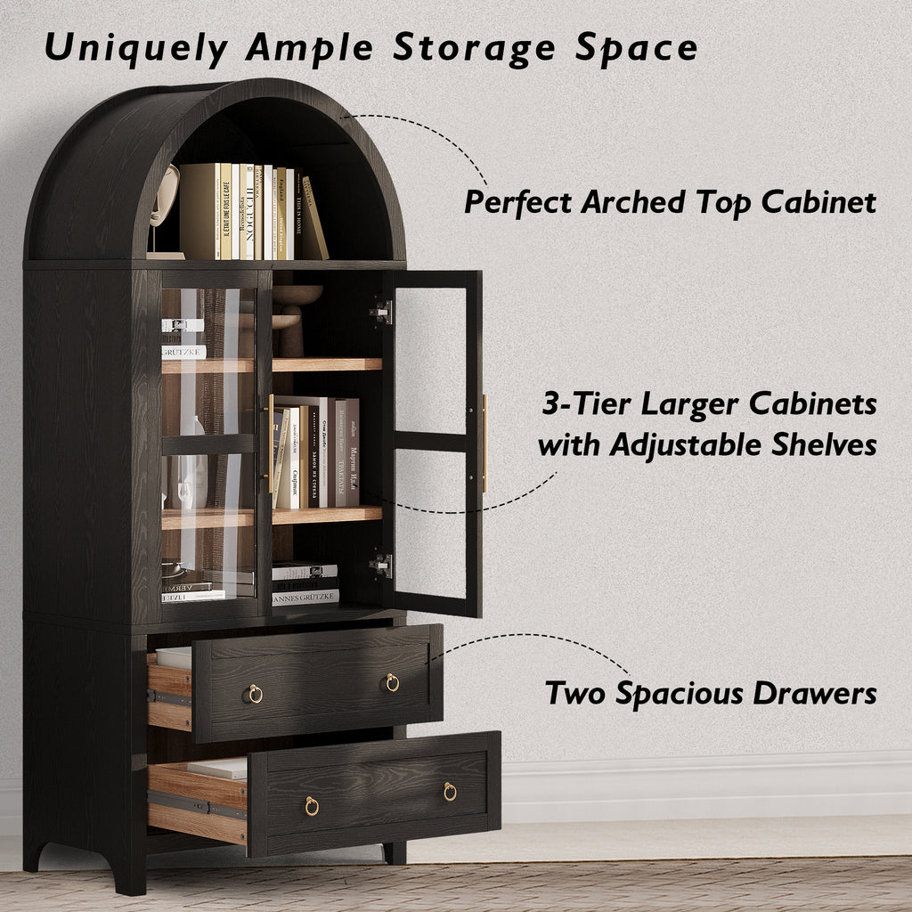 K&K 71' Tall Arched Kitchen Pantry Cabinet with 2 Large Drawers, Modern Farmhouse Kitchen Storage Cabinets with Adjustable Shelves, Glass Door, Wood Versatile Cupboard for Kitchens, Dining Room, Black - Grand Goldman Shop
