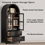 K&K 71' Tall Arched Kitchen Pantry Cabinet with 2 Large Drawers, Modern Farmhouse Kitchen Storage Cabinets with Adjustable Shelves, Glass Door, Wood Versatile Cupboard for Kitchens, Dining Room, Black - Grand Goldman Shop