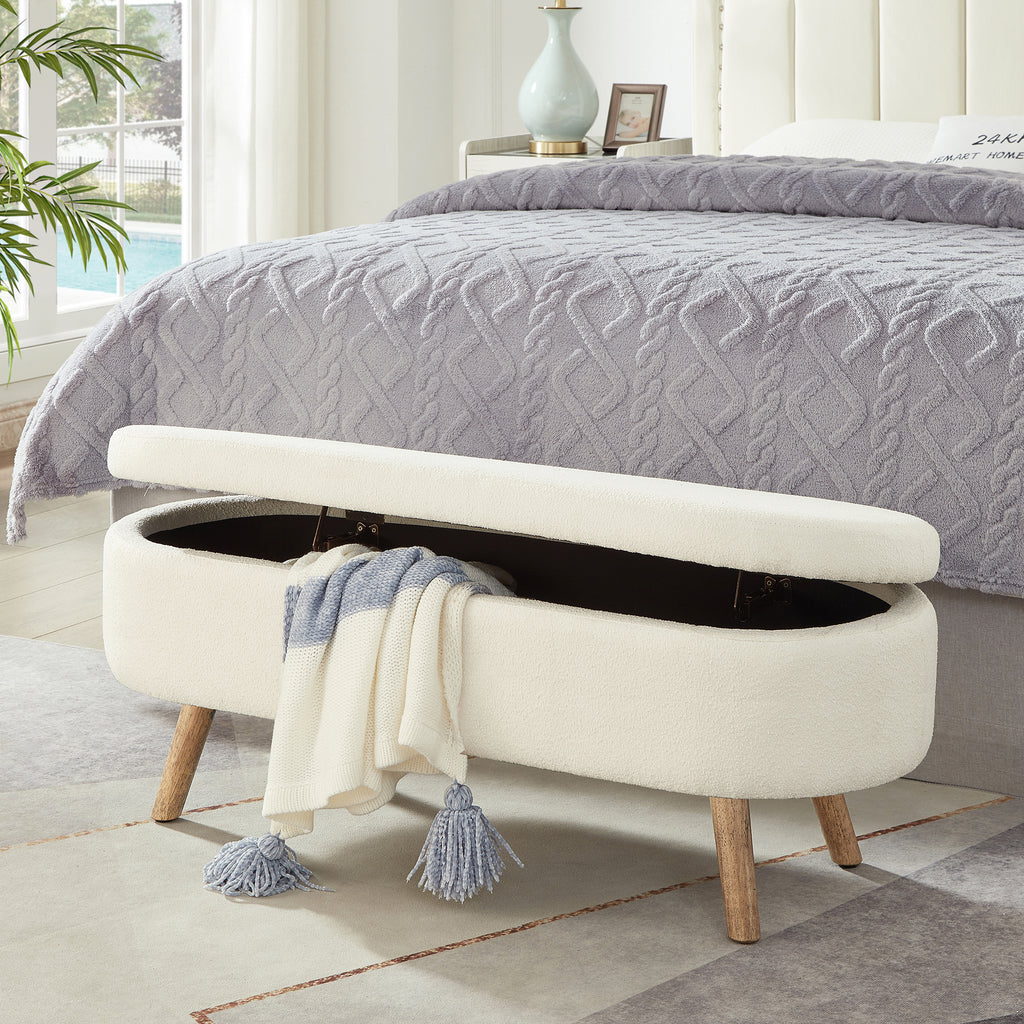 Luxury Oval Boucle Storage Ottoman Bench with Wood Legs 350lb Weight Capacity & Safety Hinge, for Living Room, Bedroom Entryway,IVORY - Grand Goldman Shop