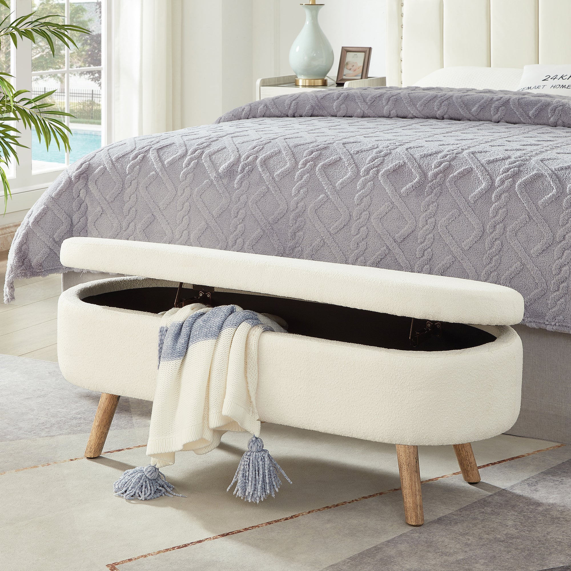 Luxury Oval Boucle Storage Ottoman Bench with Wood Legs 350lb Weight Capacity & Safety Hinge, for Living Room, Bedroom Entryway,IVORY - Grand Goldman Shop