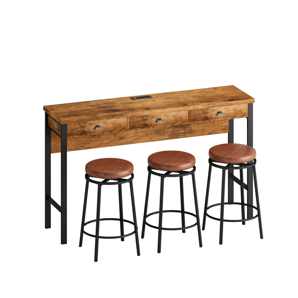 3-Drawer Long Dining Table Set with Power Outlets, Bar Kitchen Table Set with Circular PU Stools, Easy Assemble,Brown - Grand Goldman Shop