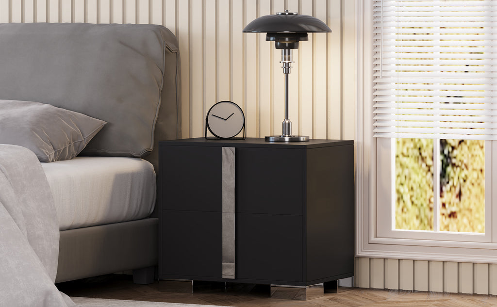Modern End Table with Drawers, Elegant Nightstand with Metal Foot,Wood Bedside Table with Mirrored Metal Handles,Sofa Side End Table for Bedroom Living Room Office,Black - Grand Goldman Shop