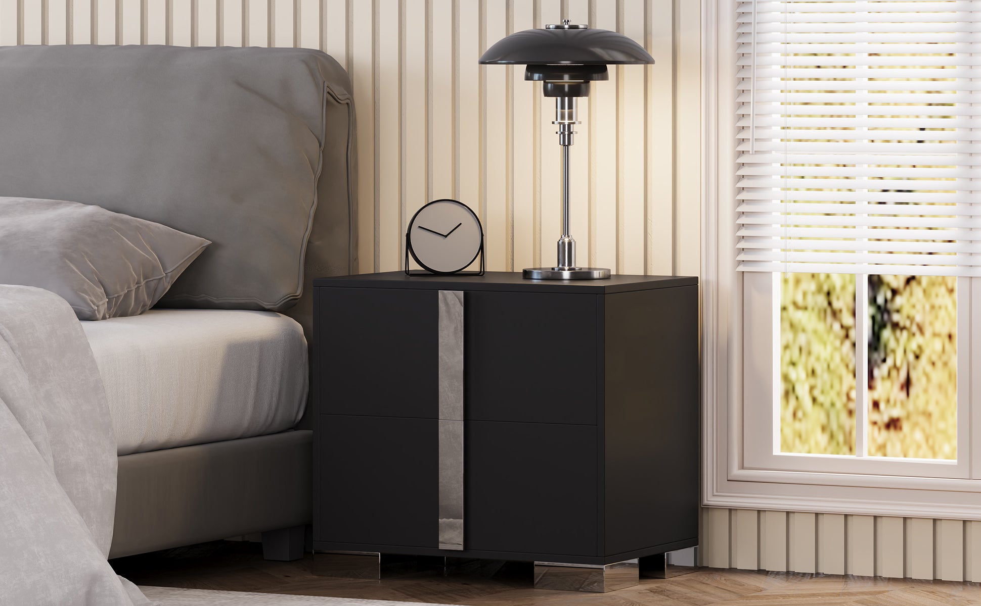 Modern End Table with Drawers, Elegant Nightstand with Metal Foot,Wood Bedside Table with Mirrored Metal Handles,Sofa Side End Table for Bedroom Living Room Office,Black - Grand Goldman Shop