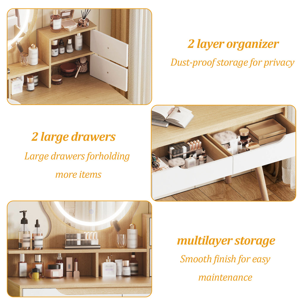 Elegant Makeup Vanity Desk with Adjustable Lighted Mirror, Solid Wood Table Feet, American White Oak, MDF, Compact Size - Grand Goldman Shop