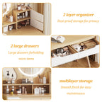 Elegant Makeup Vanity Desk with Adjustable Lighted Mirror, Solid Wood Table Feet, American White Oak, MDF, Compact Size - Grand Goldman Shop