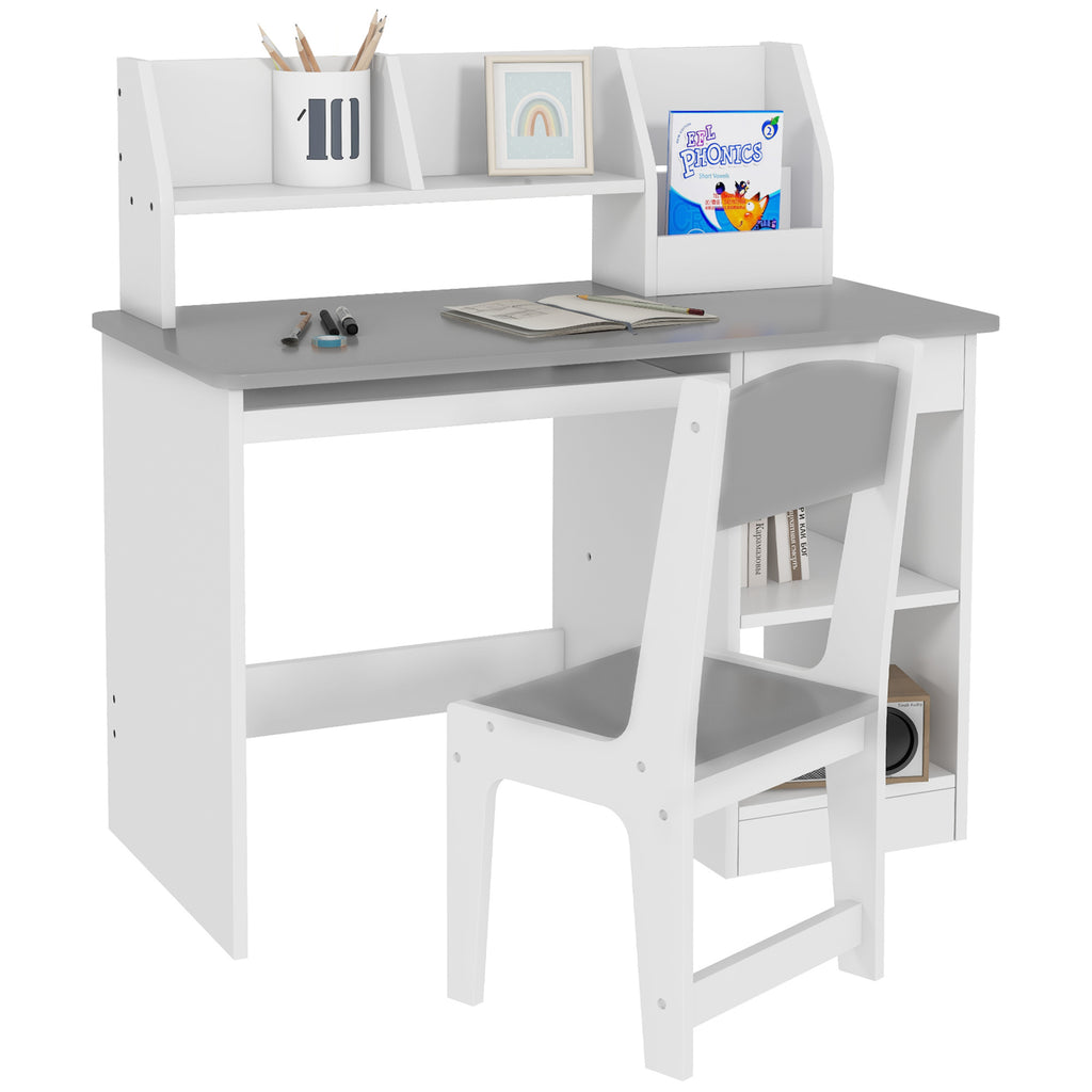 Qaba Kids Desk and Chair Set with Storage, Study Desk with Chair for Children 5-8 Years Old, Gray | Premium Home Decor - Gran