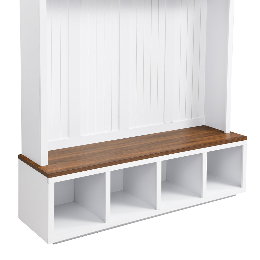 59''W Entryway Hall Tree with Bench and Storage, Farmhouse Wood-grain Accent 4-in-1 Hall Tree with Cabinets, Coat Racks and Hooks for Hallway, Entryway, living room and Mudroom - Grand Goldman Shop