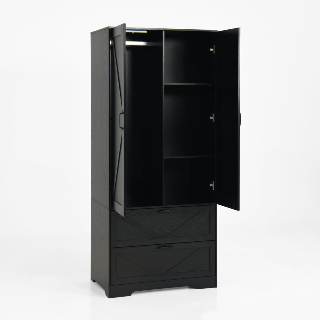 2 Door Wood Wardrobe for Bedroom with Hanging Clothing Rod inside the Cabinet and 2 Drawers for Storage Organization, Built-in induction light Multifunctional Closet with Mirror, Black - Grand Goldman Shop