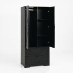 2 Door Wood Wardrobe for Bedroom with Hanging Clothing Rod inside the Cabinet and 2 Drawers for Storage Organization, Built-in induction light Multifunctional Closet with Mirror, Black - Grand Goldman Shop