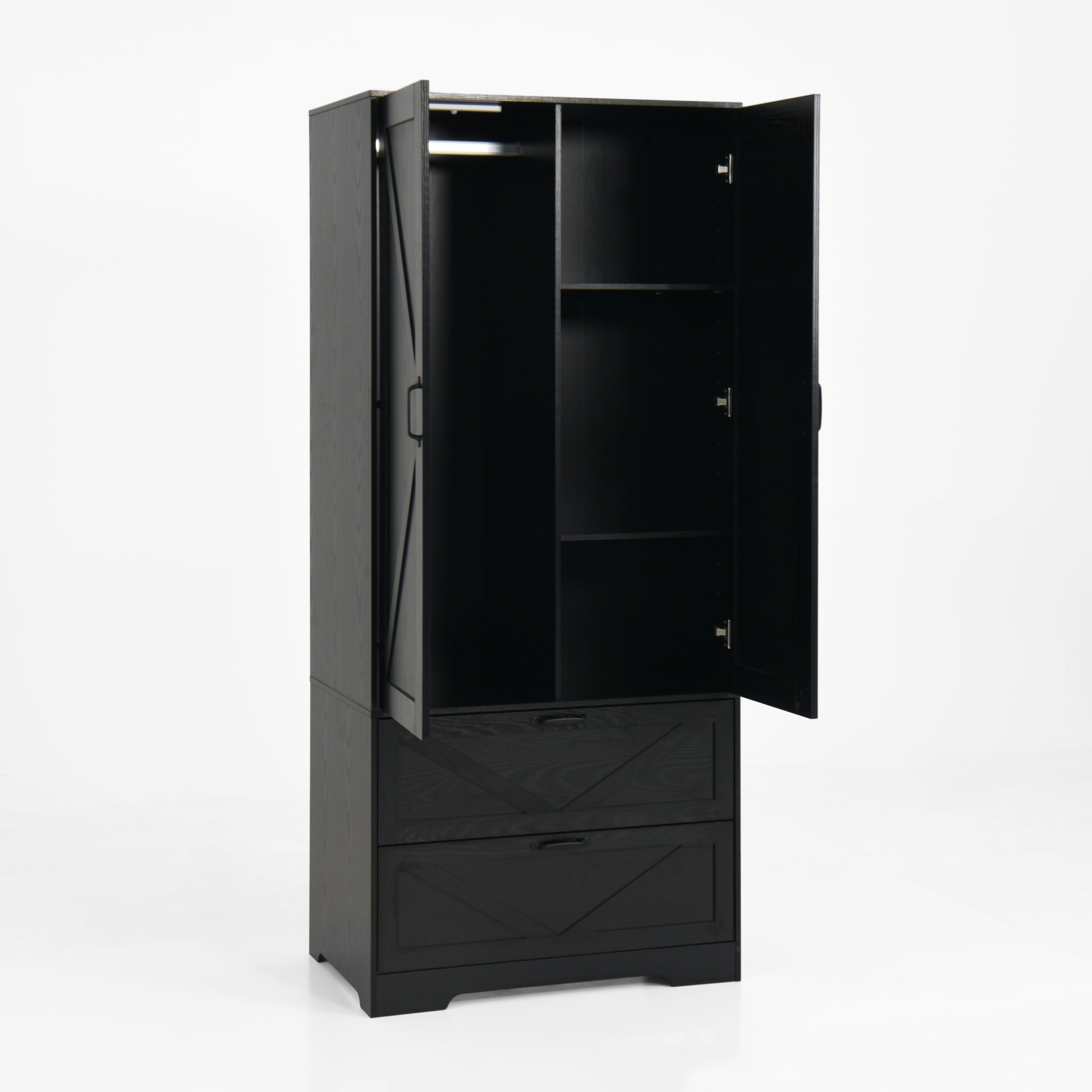 2 Door Wood Wardrobe for Bedroom with Hanging Clothing Rod inside the Cabinet and 2 Drawers for Storage Organization, Built-in induction light Multifunctional Closet with Mirror, Black - Grand Goldman Shop