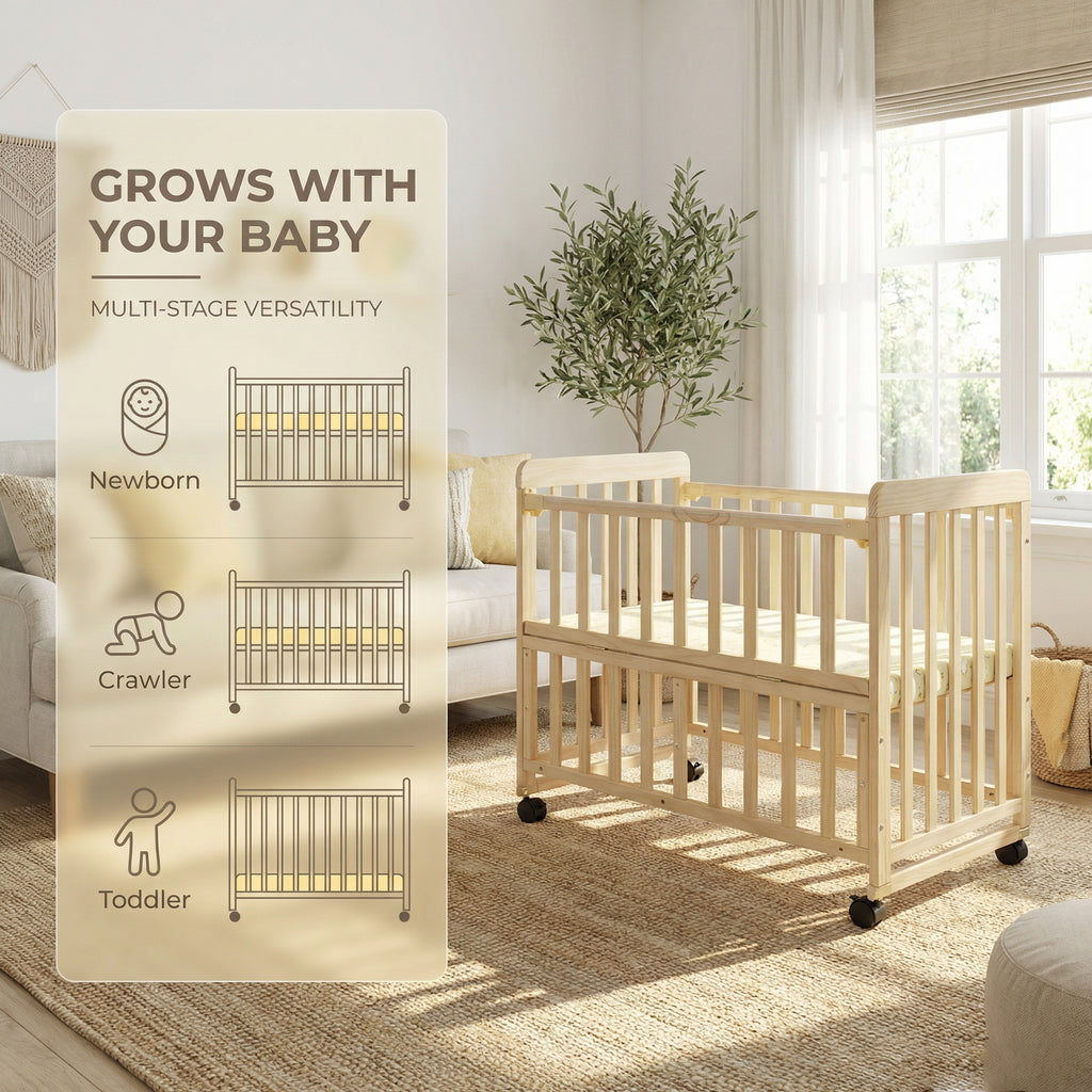 Portable Pine Wood Bedside Bassinet with 3 Heights, Natural Wood Mini Crib for Newborns 0-36 Months, Space-Saving Design - Gr