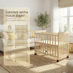 Portable Pine Wood Bedside Bassinet with 3 Heights, Natural Wood Mini Crib for Newborns 0-36 Months, Space-Saving Design - Gr