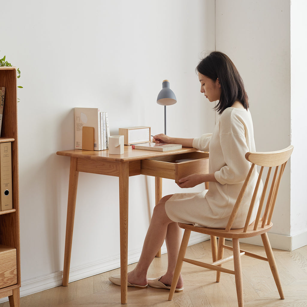Desk 100% solid wood natural wood computer desk study desk oak natural wood PC desk work desk dressing table slim solid wood with drawer simple work from home width 80 cm depth 50 cm wood grain wooden - Grand Goldman Shop