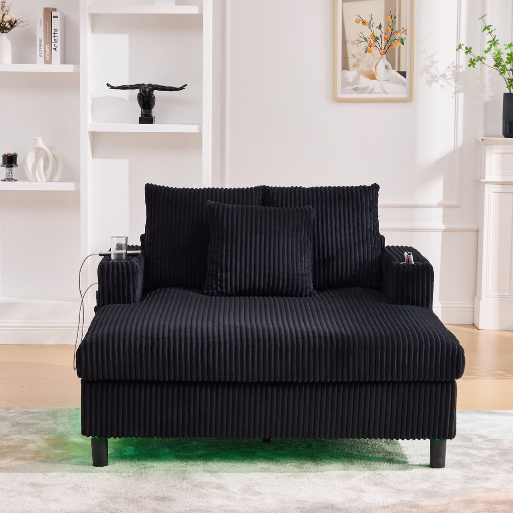 UNITED WE WIN Modern Corduroy Oversized Recliner Sofa with Deep Seat, 3 Pillows, USB Charging, RGB LED Light Strip, Cup Holder, Side Pocket - Suitable for Living Room and Bedroom - Grand Goldman Shop