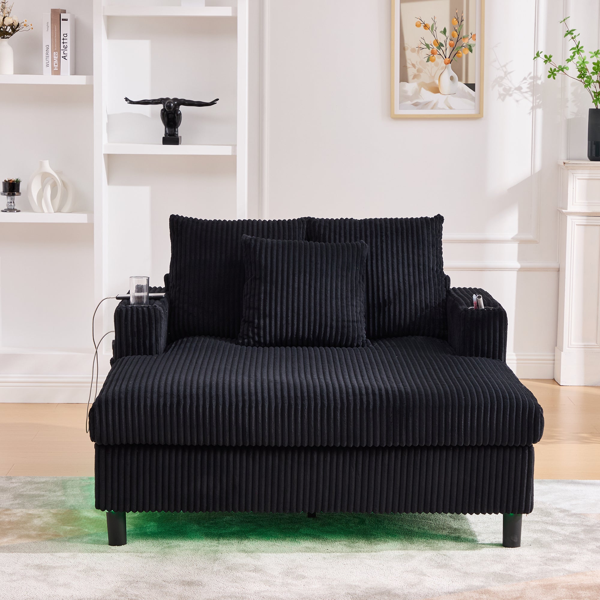 UNITED WE WIN Modern Corduroy Oversized Recliner Sofa with Deep Seat, 3 Pillows, USB Charging, RGB LED Light Strip, Cup Holder, Side Pocket - Suitable for Living Room and Bedroom - Grand Goldman Shop