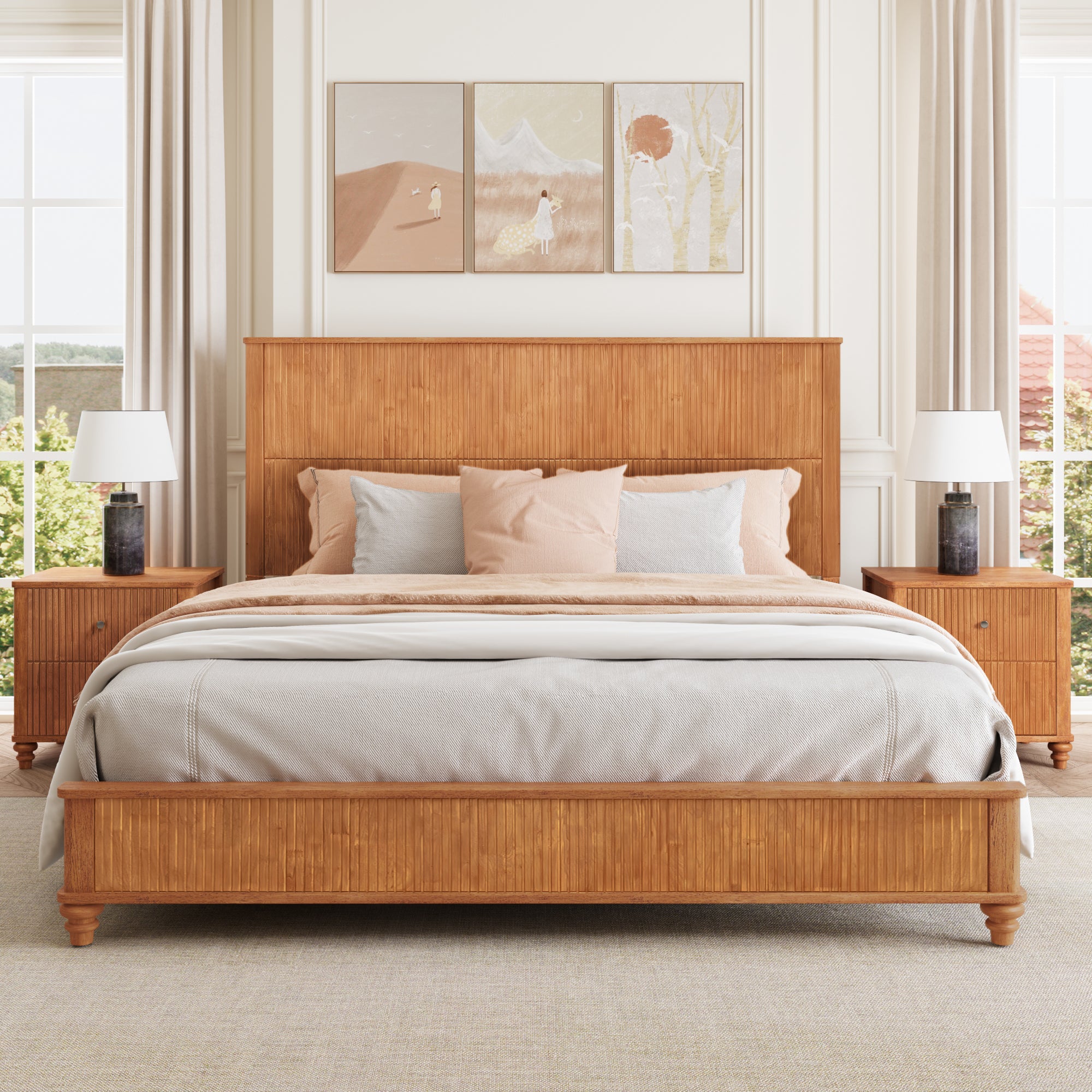 3-Piece Bedroom set with a King Size Bed and 2 Nightstands, Natural - Grand Goldman Shop