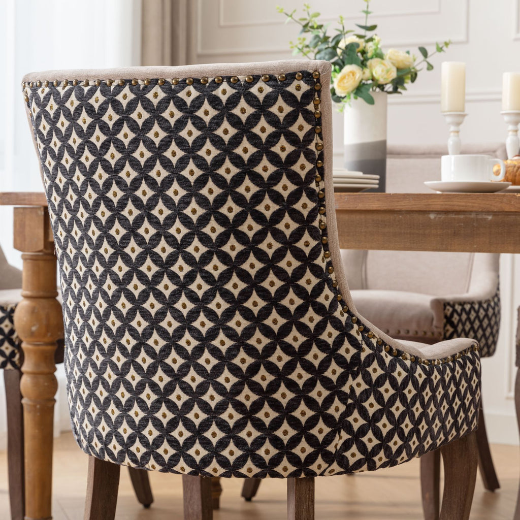 A&A Furniture, Ultra Side Dining Chair, Thickened fabric chairs with neutrally toned solid wood legs, Bronze nail head, Set of 2, Beige and Patterned,SW2207BG - Grand Goldman Shop