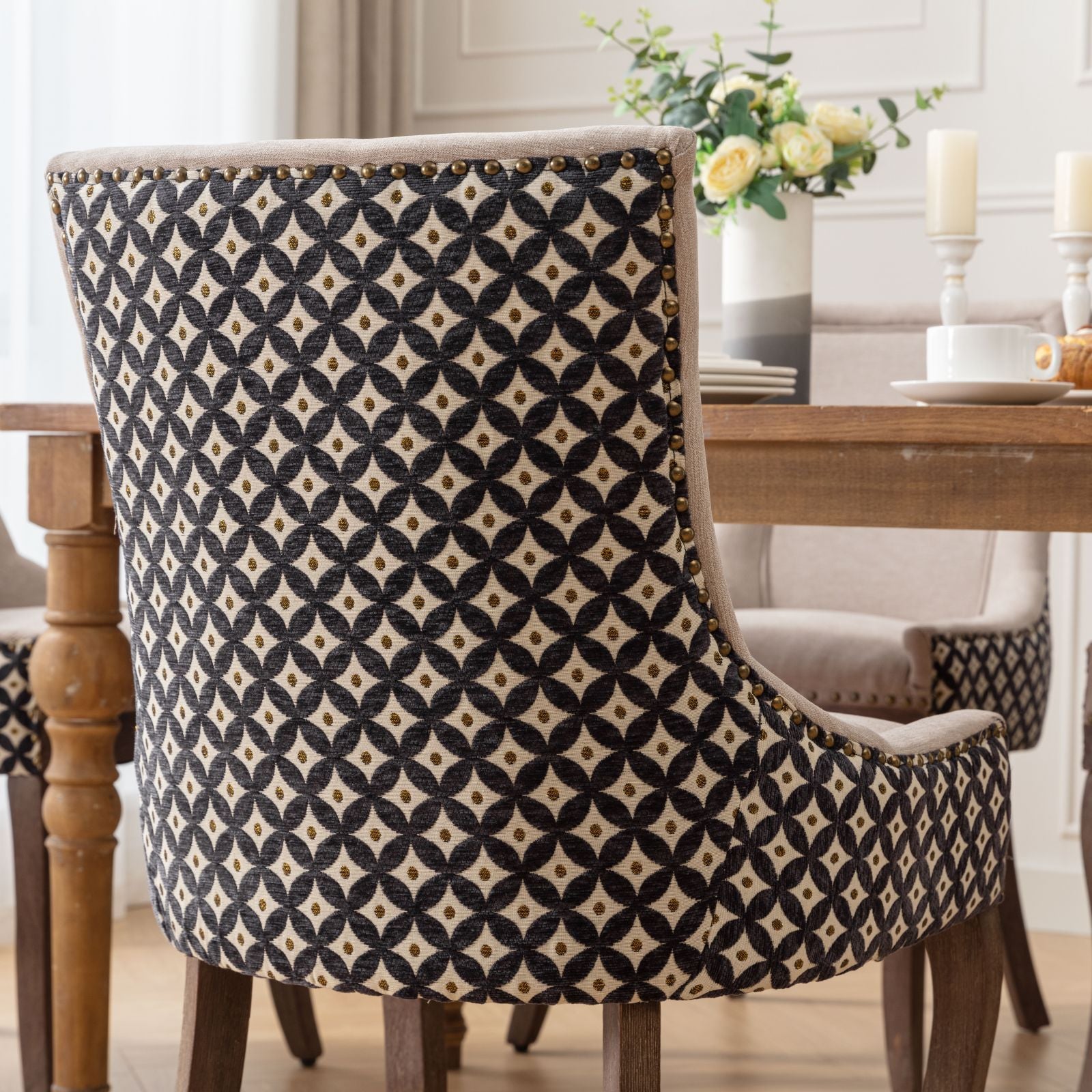 A&A Furniture, Ultra Side Dining Chair, Thickened fabric chairs with neutrally toned solid wood legs, Bronze nail head, Set of 2, Beige and Patterned,SW2207BG - Grand Goldman Shop