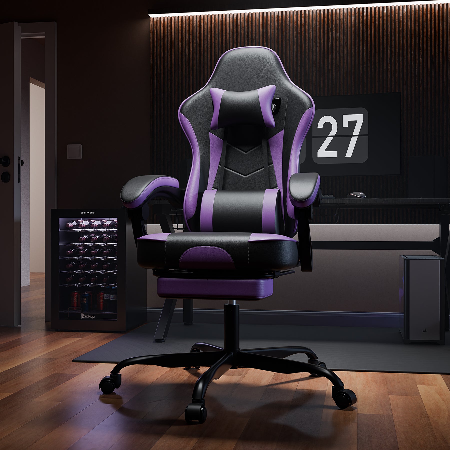 Gaming Chair, Ergonomic Computer Chair with Footrest and Massage Lumbar Support, Height Adjustable Swivel Video Game Chair fo