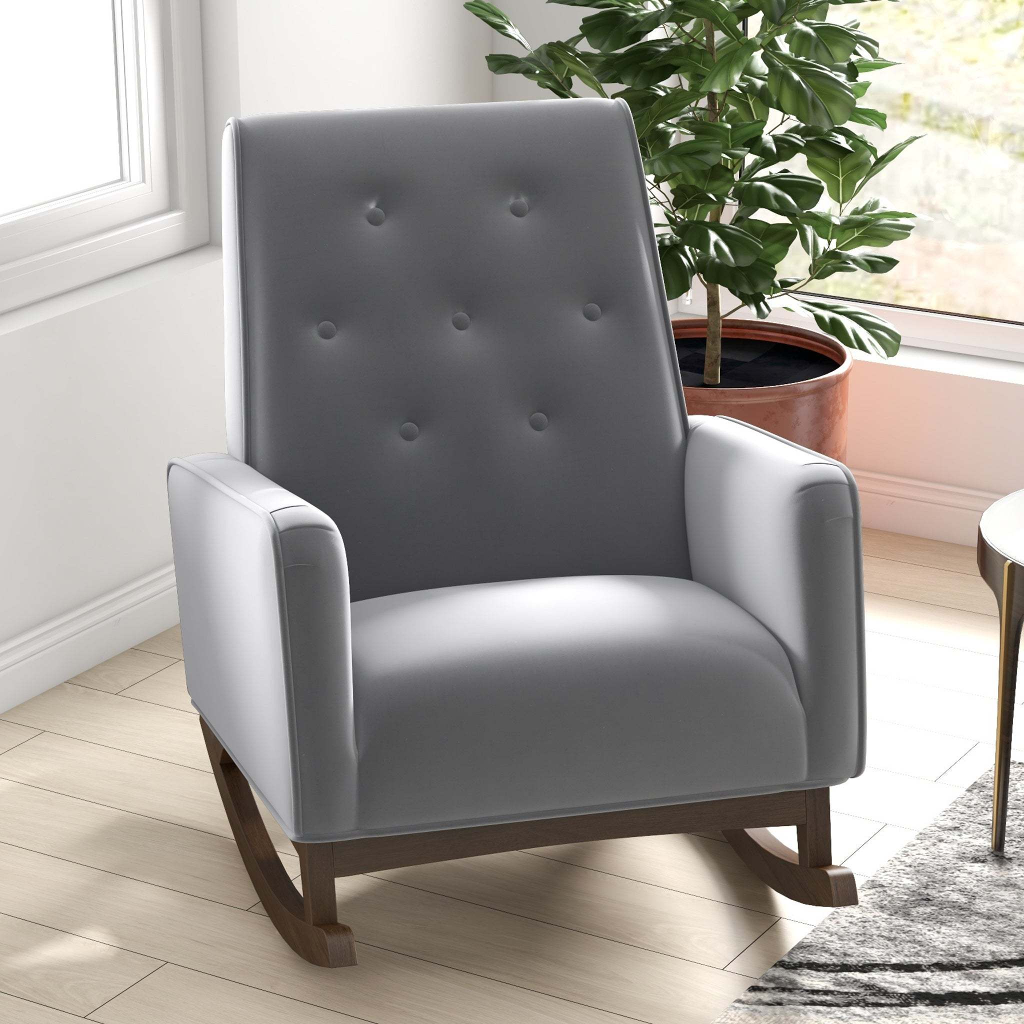 Premium Demetrius Light Grey Fabric Solid Wood Rocking Chair for Living Room and Nursery 36.6'H x 27.5'W x 39'D or Living Room Bedroom Reading - Grand Goldman Shop