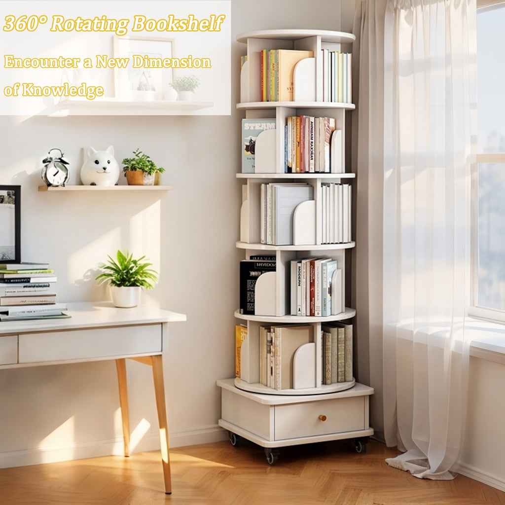 6 Tier Rotating Bookshelf, 360° Display Round Spinning Bookshelf with Wheels and Drawer, Space-Saving, Small Space Rotating Bookshelf Tower for Bedroom, Living Room, Home, Office, Warm White - Grand Goldman Shop