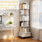 6 Tier Rotating Bookshelf, 360° Display Round Spinning Bookshelf with Wheels and Drawer, Space-Saving, Small Space Rotating Bookshelf Tower for Bedroom, Living Room, Home, Office, Warm White - Grand Goldman Shop