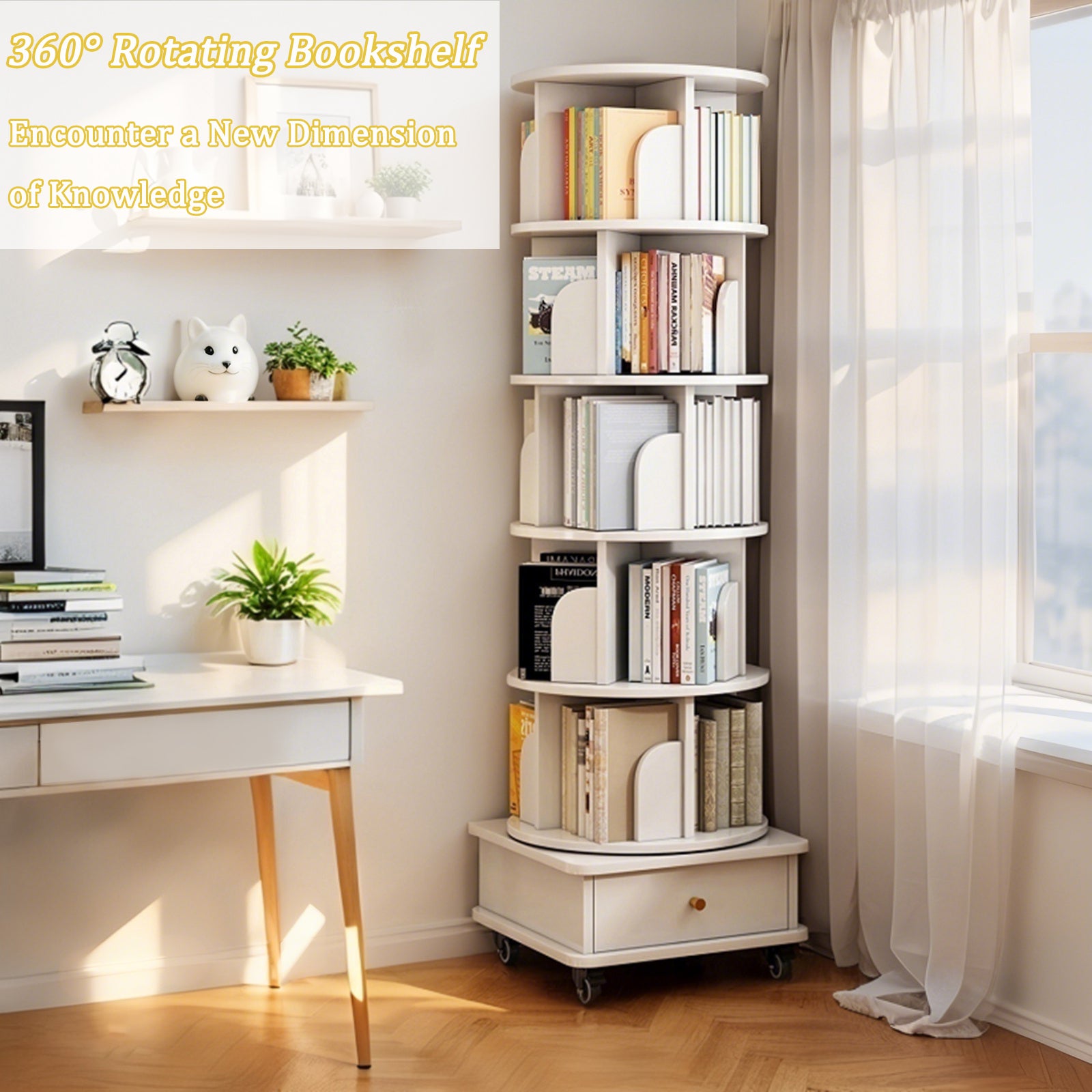 6 Tier Rotating Bookshelf, 360° Display Round Spinning Bookshelf with Wheels and Drawer, Space-Saving, Small Space Rotating Bookshelf Tower for Bedroom, Living Room, Home, Office, Warm White - Grand Goldman Shop