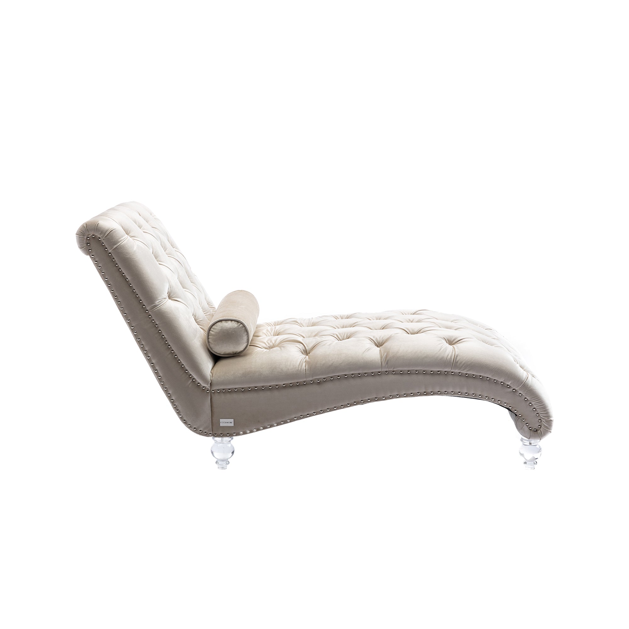 Velvet Chaise Lounge Indoor, Button-Tufted Upholstered Chair with Pillow, Beige Velvet, 63.38x28.94x34.05 inches - Grand Goldman Shop